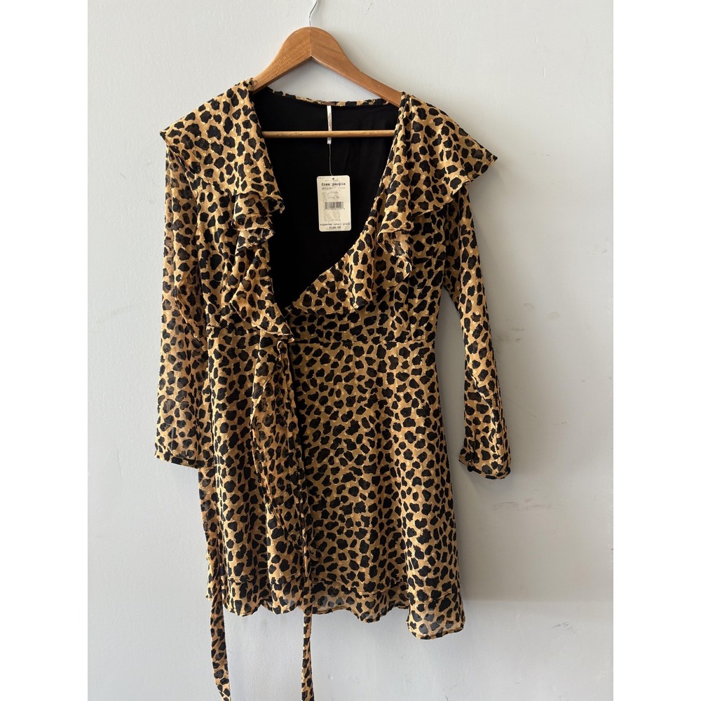 Free People Dress Womens XS‎ Brown Animal Wrap Ruffle Belted Long Sleeve Mini